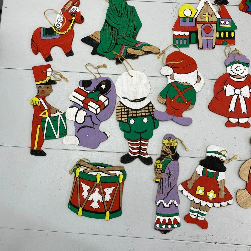 Vintage Wooden Christmas Ornaments Lot 28 Hand Painted Folk Art Mixed Christian